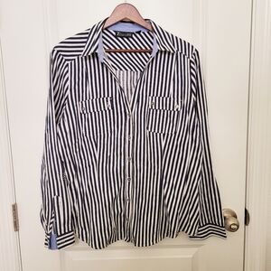New York & Company Navy Blue and White Striped Button Down Collared Shirt Size L